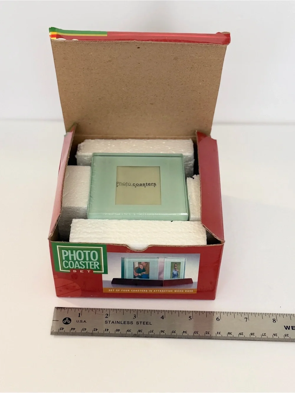 Glass Photo Coaster Set - 4 coasters with wooden base